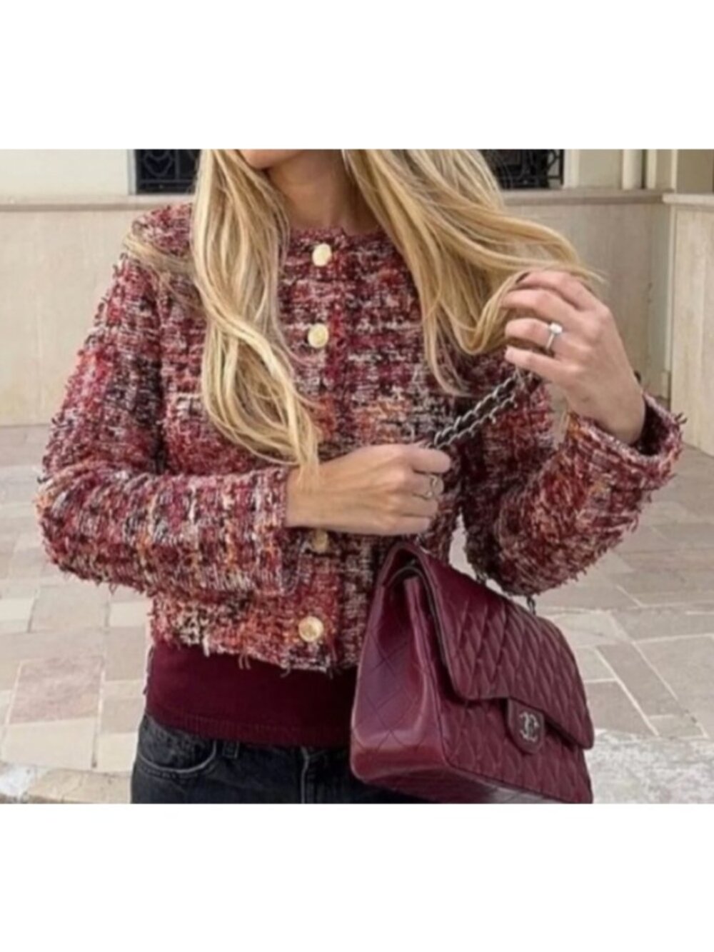 Zara Sz Women's Sz Small Burgundy Tweed Cropped Button-Up Cardigan Jacket